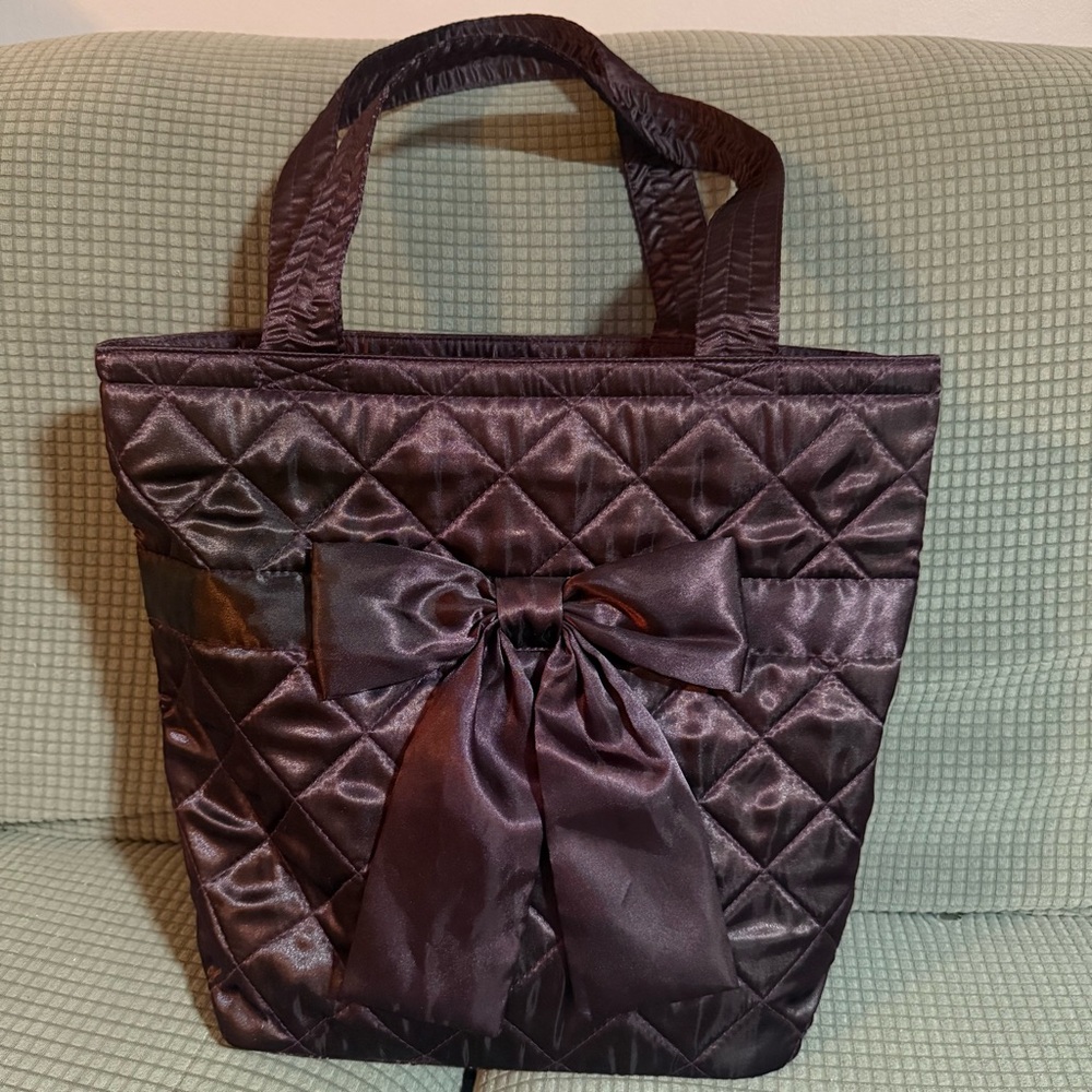 NaRaYa Bag Satin Quilted Trapeze Bow Women Handbags Tote Bag Red Wine NEW